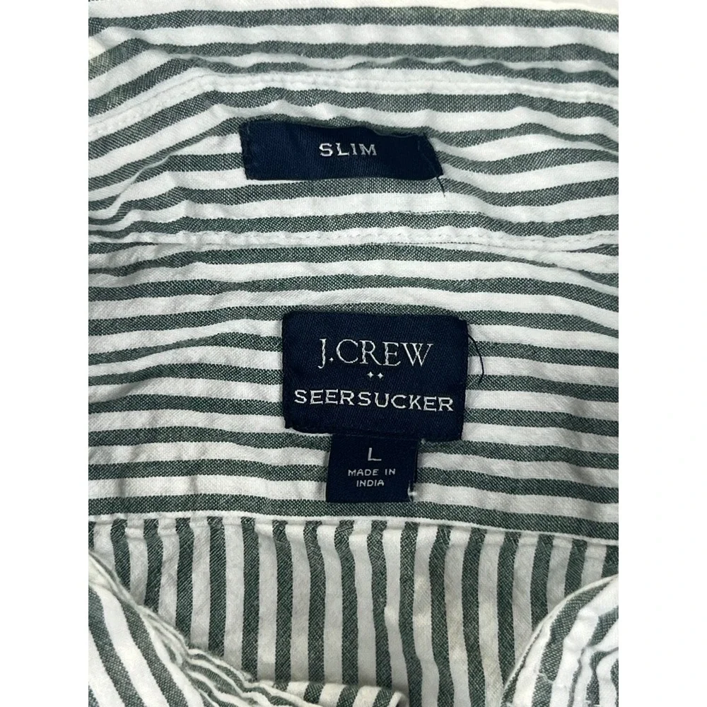 J Crew Seersucker‎ Slim Fit Button Down Shirt Mens Size L Green Stripe Casual